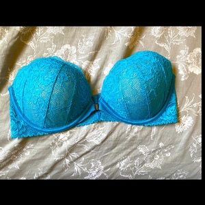 Blue Victoria’s Secret lace strapless bra
